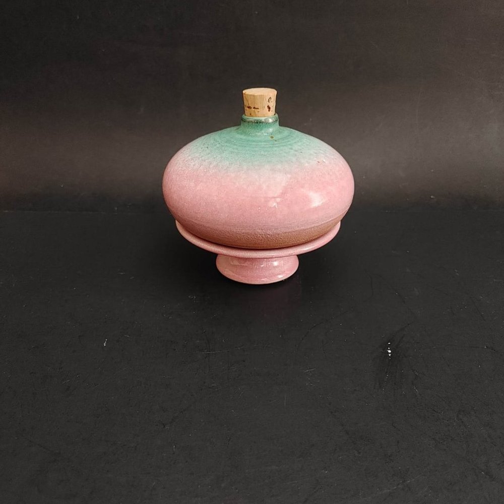 VTG Glazed Mini Terracotta Pottery Perfume Bottle Pedestal France Pink Turquoise